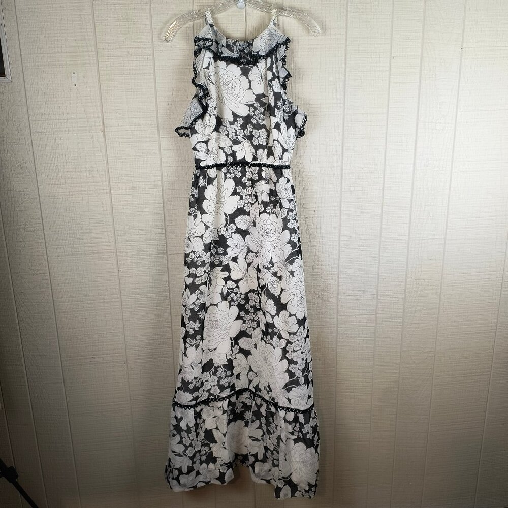 Vintage 70s Young Innocent Arpeja Maxi Dress Ruffles Black & White Floral